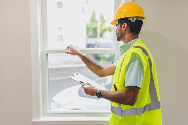 a home inspector ina yellow hardhat looking at a windows lock